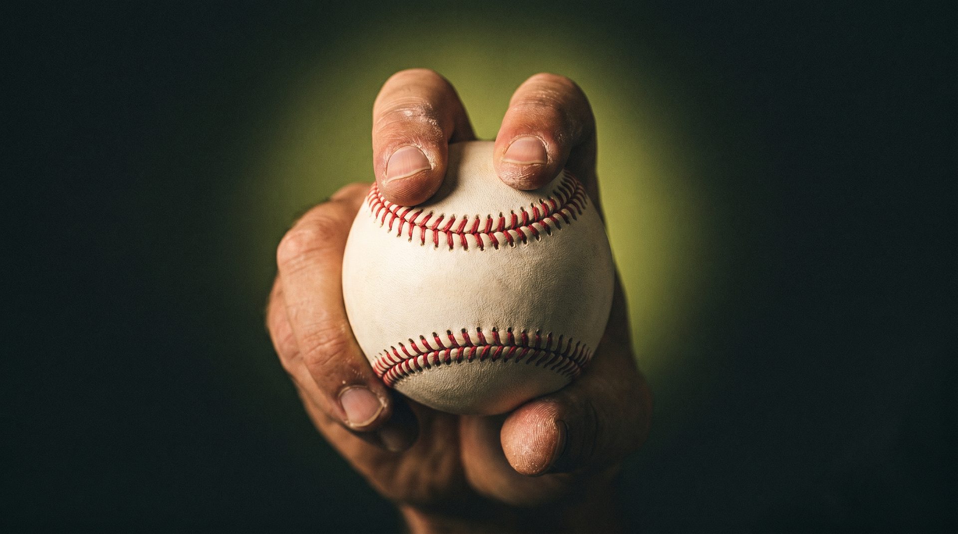 Pitcher's hand gripping a baseball across the seams, lit against a dark green background